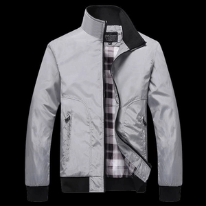 Men's casual light gray stand-collar jacket with black ribbed trim and plaid lining