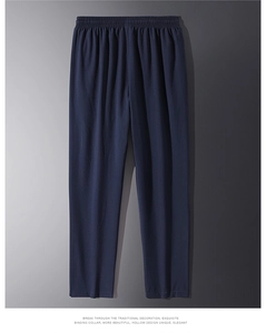 Dettagli dei pantaloni casual blu navy da uomo con elastico in vita e cuciture fini
