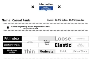 Tableau détaillé des tailles et composition pour pantalon de loisirs stretch en soie glacée