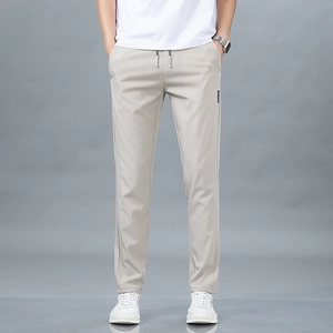 Pantalon Décontracté en Soie de Glace pour Hommes Jambe Droite Taille Élastique avec Cordon Été Mince Respirant