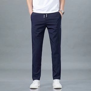 Pantalon de loisirs pour hommes en soie glacée bleu marine avec cordon et tissu extensible