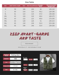 Tabella dettagliata delle taglie per gilet da pesca multitasche outdoor da M a 6XL