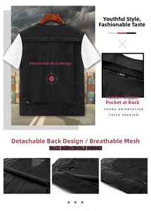 Dettaglio del gilet cargo con retro in rete traspirante e tasca con zip nascosta