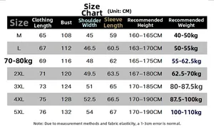 Size chart for men's corduroy jacket with measurements in CM for sizes M to 5XL