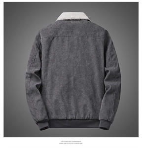 Rear view of men's dark grey corduroy jacket with thick fleece collar and ribbed hem