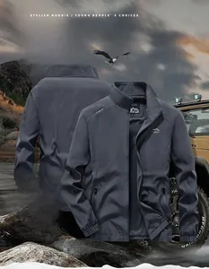 Outdoor adventure jacket detail featuring mountain logo and tactical lettering print