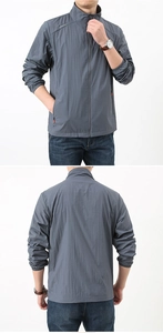 Vue avant et arrière du coupe-vent d'extérieur gris pour hommes avec col montant et logo