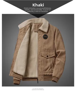 Detail of khaki corduroy jacket showing warm sherpa collar and top logo badge