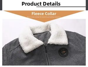 Detailed macro view of the warm faux shearling collar on a corduroy jacket