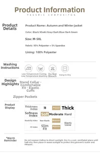Detailed size chart and technical fabric specifications for men's outdoor jacket