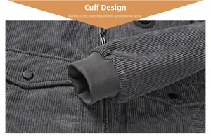 Detail of grey corduroy jacket showing elastic ribbed cuffs and durable fabric texture