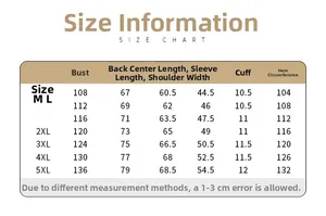 Detailed size chart for men's outdoor jacket showing chest, length, and shoulder dimensions