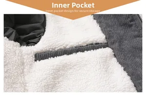 Detail of inner pocket and warm sherpa fleece lining on gray corduroy jacket