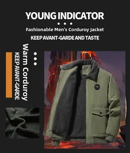 Detail of army green corduroy jacket with thick grey sherpa lining and zip-up front