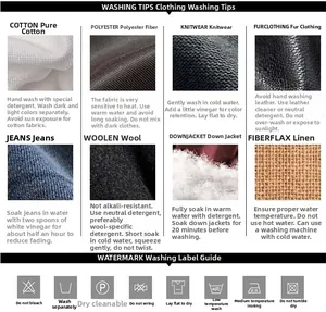 Guide d'entretien pour coupe-vent d'été avec symboles de lavage pour huit types de tissus