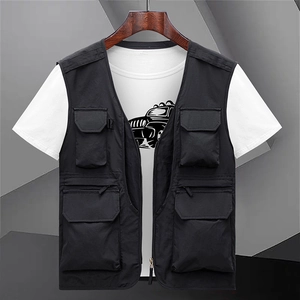 Gilet cargo noir pour hommes avec multiples poches pour la pêche et la photo avec col en V