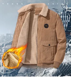 Detail view of brown corduroy jacket with thick white sherpa lining and chest pocket
