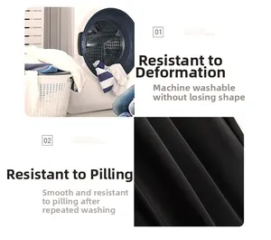 Detail of black pleated fabric showing machine washable and anti-pilling features