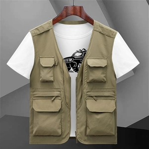 Gilet de plein air kaki pour hommes avec plusieurs poches et col en V pour pêche et camping