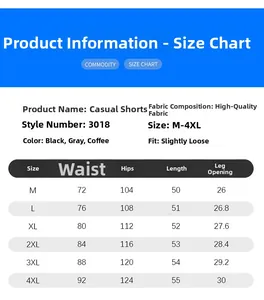 Detailed size chart for summer casual shorts with waist, hip and length measurements