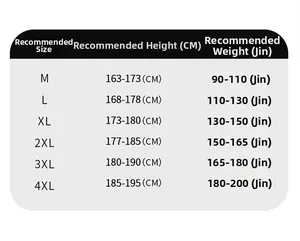 Detailed size guide table for lightweight summer shorts from size M to 4XL for men and women