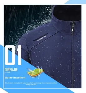 Dettaglio del tessuto impermeabile con gocce d'acqua sulla giacca sportiva blu notte