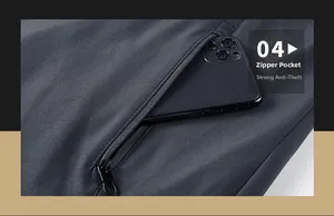 Detailed macro of a secure zippered pocket on a grey jacket holding a smartphone