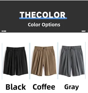 Detail view of quick-dry dress shorts in black, coffee, and grey with smooth texture
