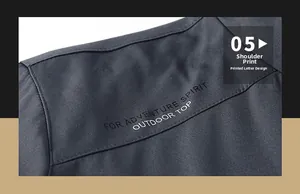 Close-up of shoulder print lettering For Adventure Spirit on dark gray outdoor jacket