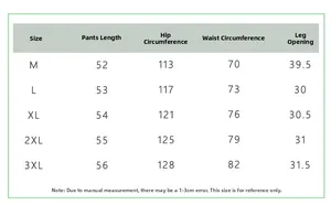 Detailed size chart for men's casual shorts showing waist and length measurements