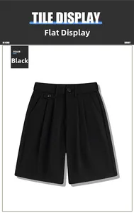 Detail view of black summer shorts featuring drawstring waist and buttoned flap pocket
