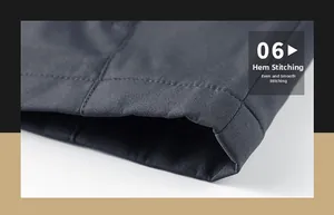Detailed close-up of high-quality double stitching on dark gray jacket hemline