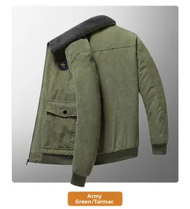 Detail view of army green corduroy jacket showing fleece collar and top chest pocket