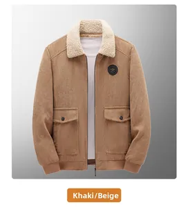 Close-up of khaki corduroy jacket featuring a warm fleece collar and two flap pockets