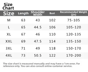 Tableau des tailles pour veste de protection solaire avec mesures du M au 4XL