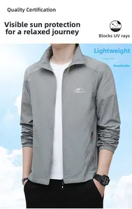 Detail of lightweight breathable grey sun-proof jacket with stand collar and logo