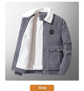 Detail of gray corduroy jacket showing thick white fleece lining and TOP chest patch
