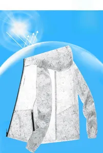 Detail view of white sun protection jacket featuring gray tropical leaf patterns and black zipper