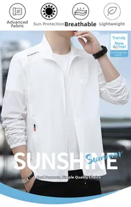 Detailed view of lightweight white sun protection jacket with outdoor logo and stand collar
