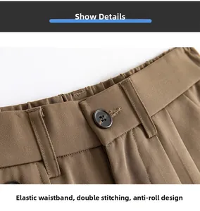 Detail of elastic waistband and double-stitch sewing on brown ice silk shorts