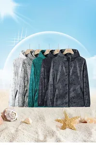 Detailed flat lay of breathable sun protection jackets in five colors with palm leaf pattern