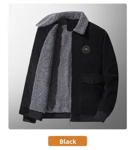Detail of black corduroy jacket with grey Sherpa lining and 'TOP' leather patch badge