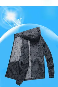 Detail of dark gray sun protection jacket with leaf pattern and UV protection graphics