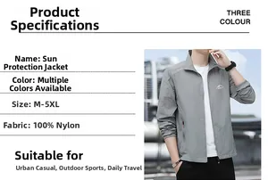 Close-up of light grey 100% nylon sun protection jacket with zip-up collar and logo detail