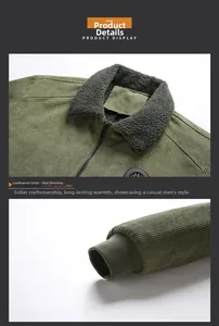 Detail view of military green corduroy jacket showing Sherpa collar and ribbed cuffs