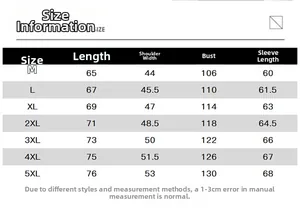 Detailed size chart for men's sun protection jacket ranging from size M to 5XL