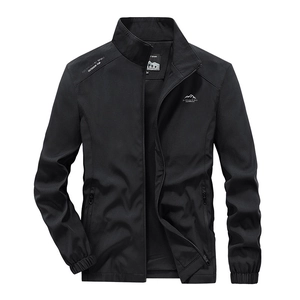 Men's black windproof outdoor jacket with stand collar and full zip in 45-degree view