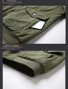 Detail view of army green corduroy jacket showing flap pockets and ribbed cuffs