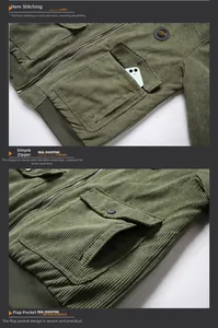 Detail of corduroy jacket showing ribbed hem, metal zipper, and a large flap pocket