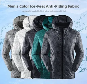 Detailed view of lightweight maple leaf print sun protection jackets in five cooling colors